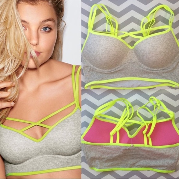 VS Heather Grey Neon Yellow Green Strappy Push-Up Padded Bralette Panty Set - Picture 2 of 14